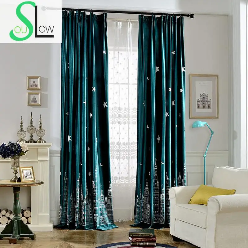 Slow Soul Night City Dark Blue Green Fresh Velvet Curtain Scenic Embroidered European Curtains For Living Room Kitchen Bedroom