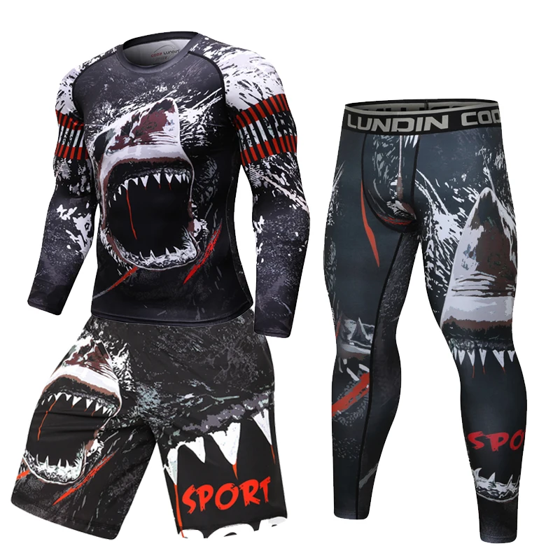 Fato de compressão masculino para fitness, camiseta e calça de manga comprida, terno esportivo MMA Rashguard, camiseta de musculação