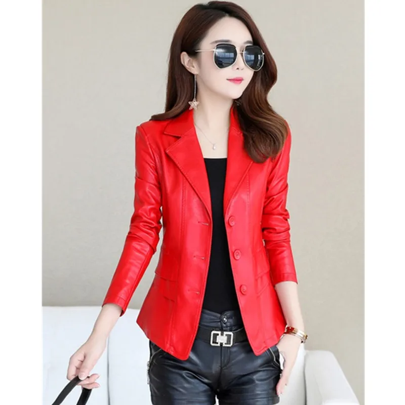 UHYTGF 5XL Quality Leather Jacket Women Spring Autumn Coats Outerwear Female Suit Collar Slim Short Leather Jackets Ladies 816