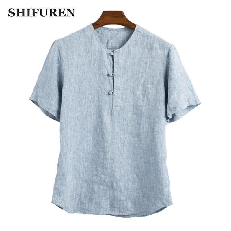 

SHIFUREN Causal Men Linen Shirts Short Sleeve Retro Chinese Style Collarless Tops Summer Soft Breathable Male Linen Shirt