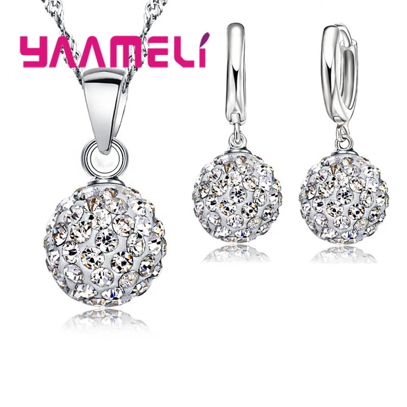 Women New Shiny Jewelry Set 925 Sterling Silver Needle Top Quality Disco Ball Shape Necklace Pendant Earrings Sets Wholesale