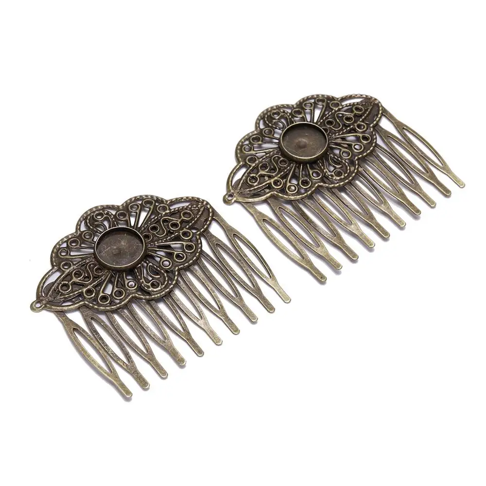 5pcs 52*56mm Bronze Metal Hair Comb 12mm Glass Cabochons Settings Hair Clips For Jewelry Making Findings DIY Hairpins Accessorie