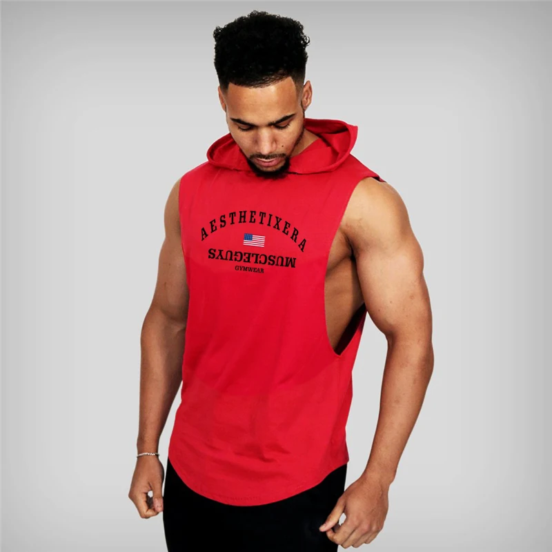 Muscleguys koszulka na siłownię męska bawełniana bluza z kapturem bluzy odzież fitness bezrękawnik do kulturystyki męskie koszulki bez rękawów koszula tanktops