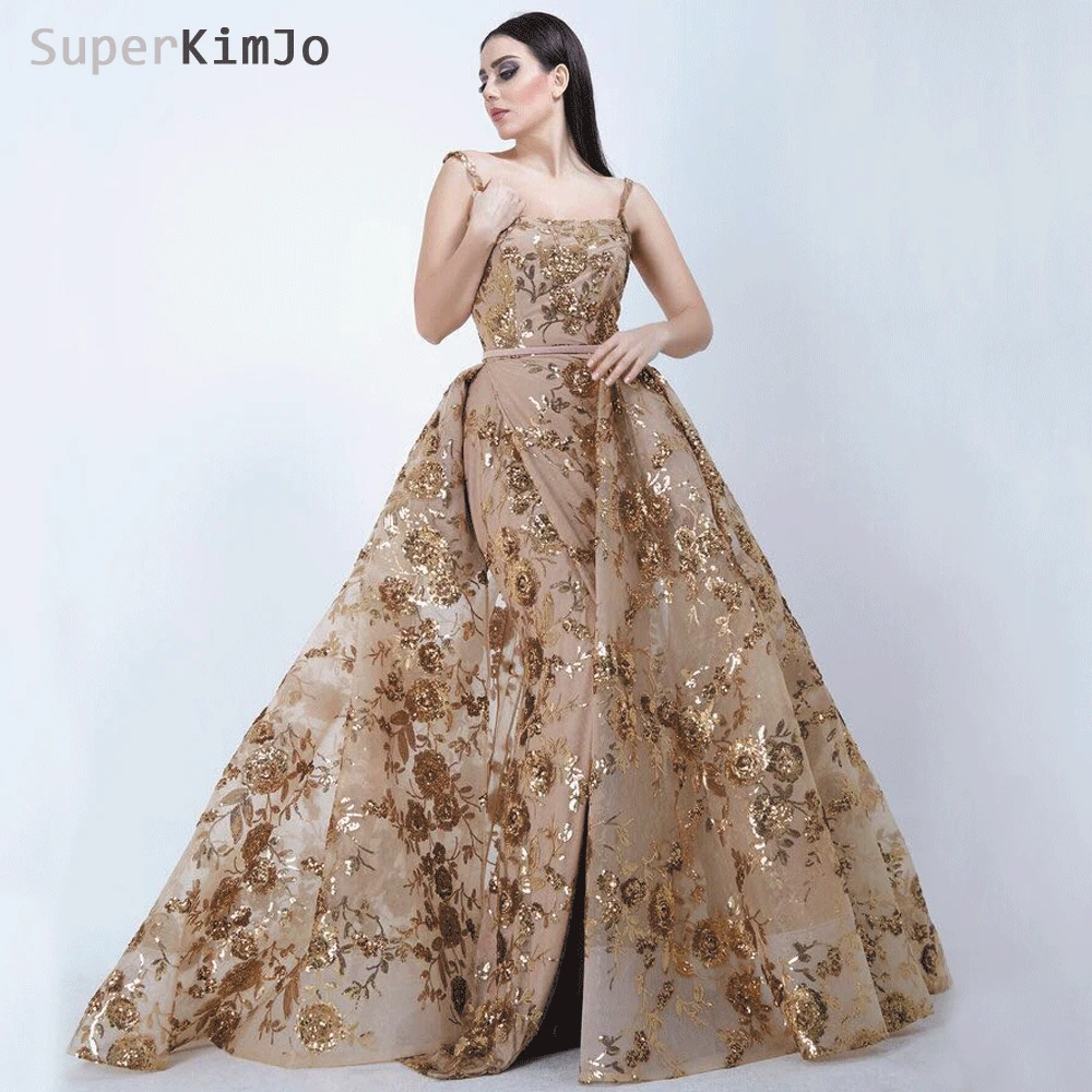 SuperKimJo Robe De Soiree Longue 2020 Detachable Skirt Gold Evening Dresses Long Applique Elegant Evening Gown