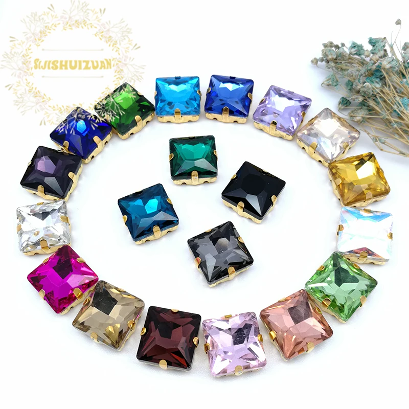 Classic Style Shiny Mix color Square Glass Crystal Sew On Rhinestones With Gold Claw Diy Wedding Dress Accessories