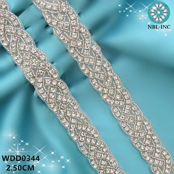 

(10 YARDS) Wholesale iron on silver clear bridal rhinestone beaded applique trim for wedding dress sash belt WDD0344