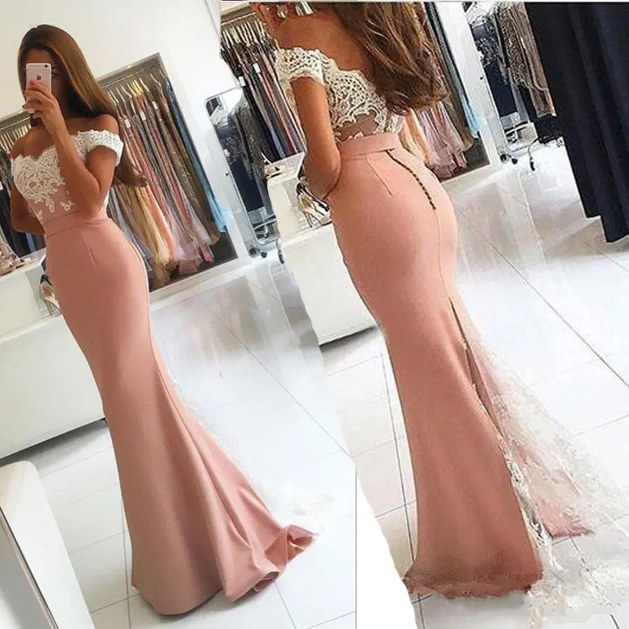 New Off-the-shoulder Lace-Appliques Long Modern Mermaid Prom Dress Dark Pink Chiffon Sexy Evening Dress Prom Gowns with Sleeves