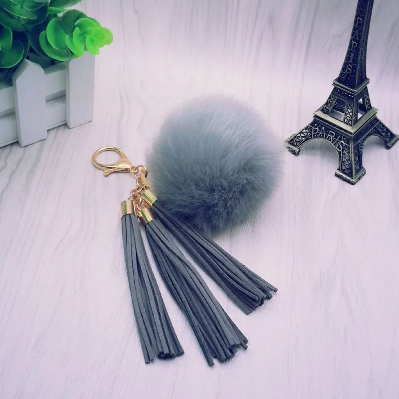 Women Tassel Fur Ball Key Chain with 3 Tassels and 8cm Pompom Plated Gold- For Car Keychain Bag Key Ring Jewelry 16012