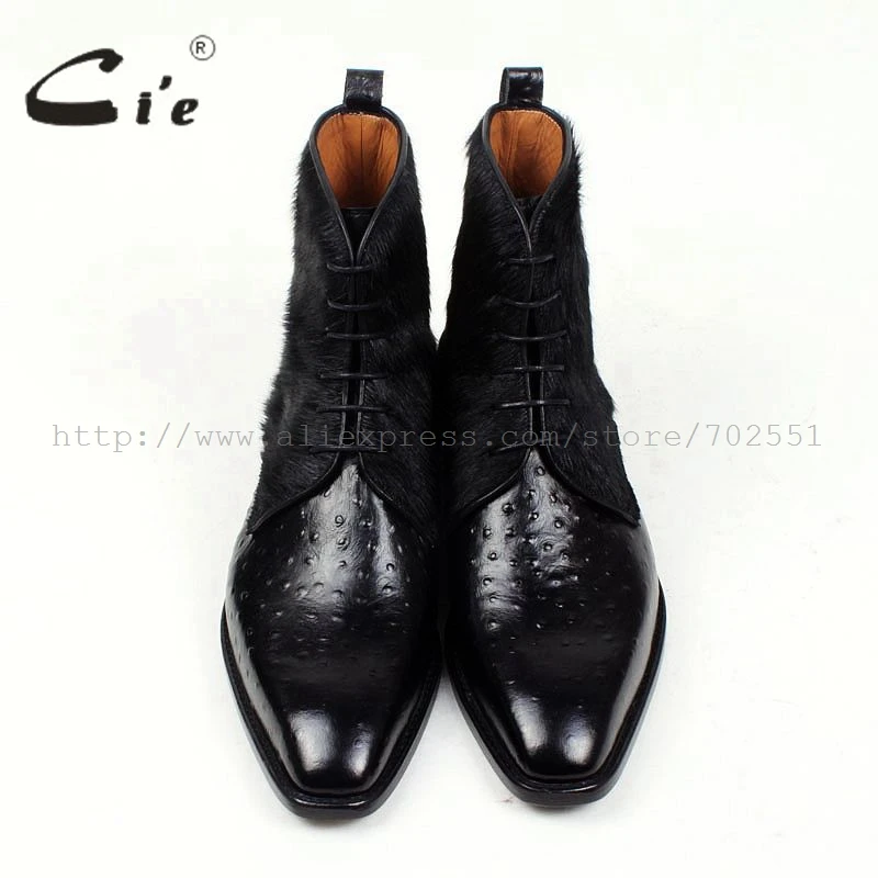 cie Free Shipping Handmade Horse Hair/Empossed Ostrich Calf Leather Outsole Buttom Breathable Color Black Men Leather Boots A86