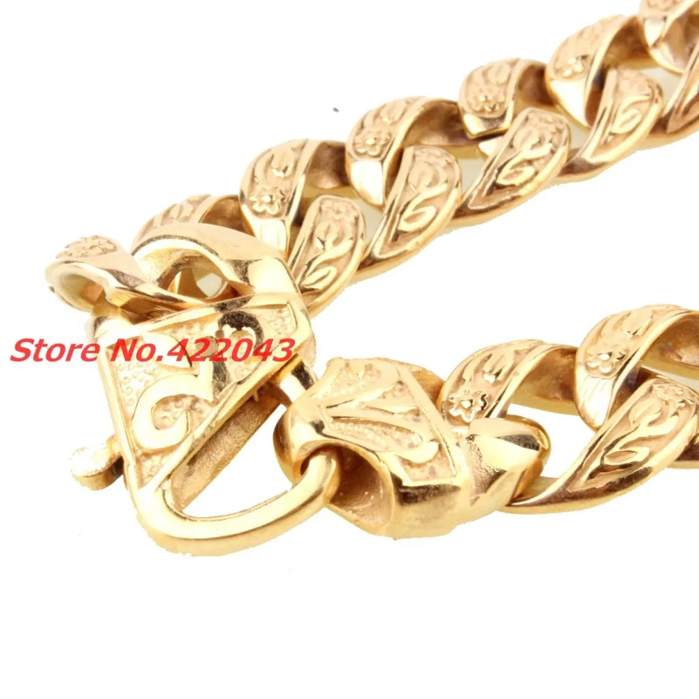 New Fashion Mens Bangle 15mm Solid Gold color  Stainless Steel Cast Flower Cuban Link Chain Bracelet 9