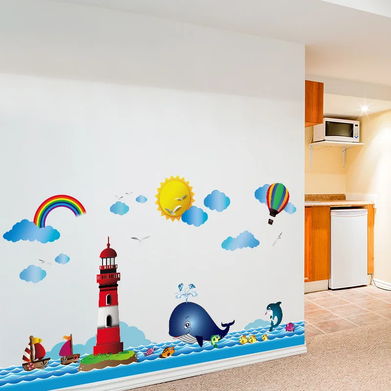 Cartoon Lighthouse Whale Wall Sticker For Kids Children's Room Background Home Decoration Mural Art Decals Wallpaper Stickers