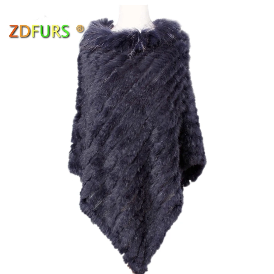 ZDFURS *knitted real rabbit fur poncho plus size raccoon fur collar trim fashion street fur style warps