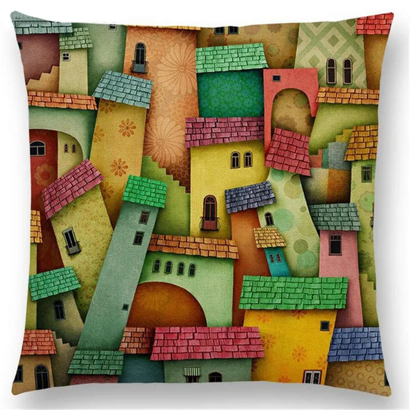 Dreamlike Cartoon Fairy Tale Cushion Cover Colorful Tree House Moon House Decoration Office Chair Back Pillow Sofa Pillowcase