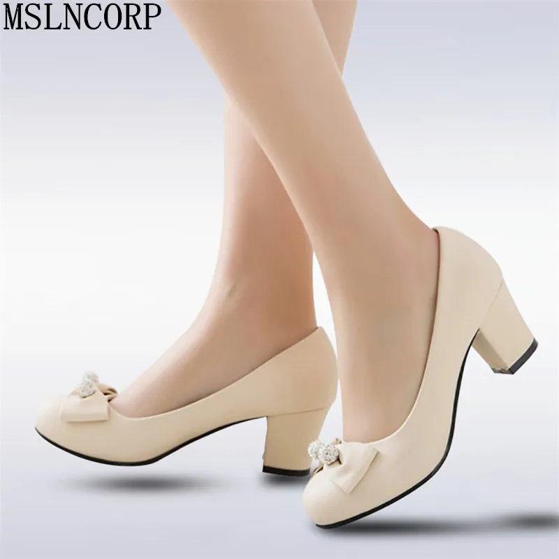 

plus size 34-43 New Women Thick High Heel Shoes Women crystal Bowknot Heels Pumps Ladies Office Daily Footwear daily work dress