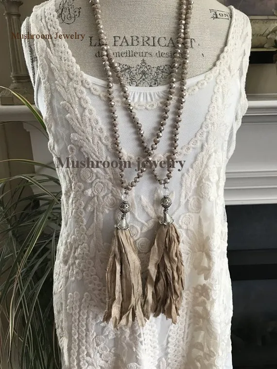 Long Hand Knotted Sari Silk Tassel Women Boho Crystal Beads Necklace