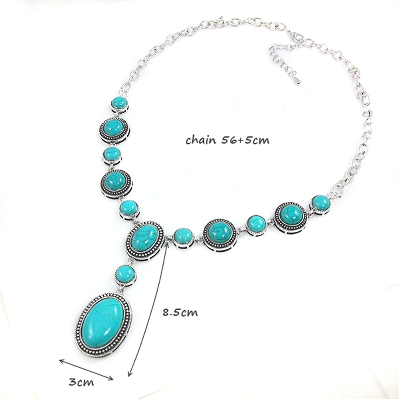 OCESRIO Blue Stone Necklace Pendants Silver Color Plated Big Long Necklace with Stones Vintage Jewelry Women Gifts nke-k48