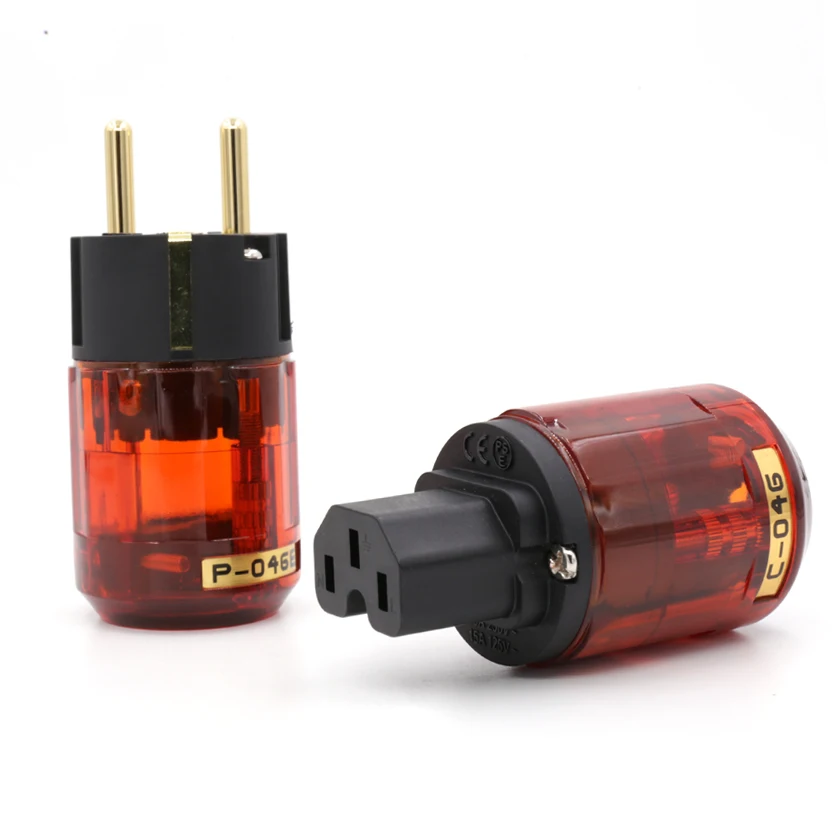 Pair P046E+C04624K Gold Plated Schuko Power Plug Connector IEC Female Plug DIY Mains Power Cord Cable