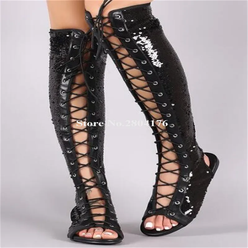 

Ladies Bling Bling Open Toe Sequined Lace-up Knee High Flat Gladiator Boots Cut-out Blue Grey Gold Long Boots