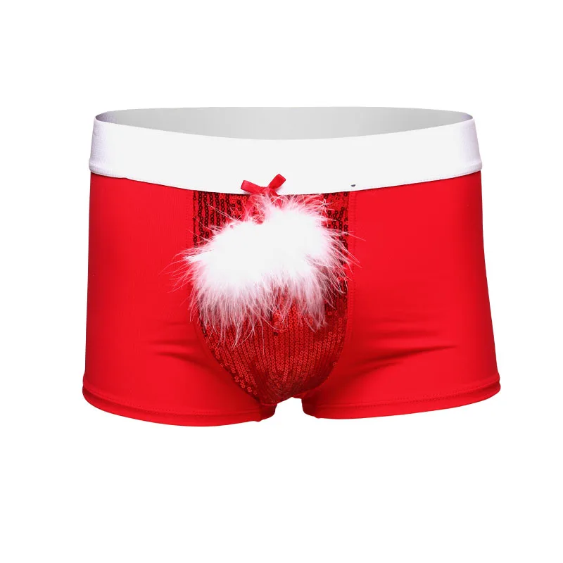 New Year Christmas Underwear Men\'s Boxer Shorts Feather+Bead Piece Have S-M-L-XL-2XL Red Color Sexy Men Halloween Costumes