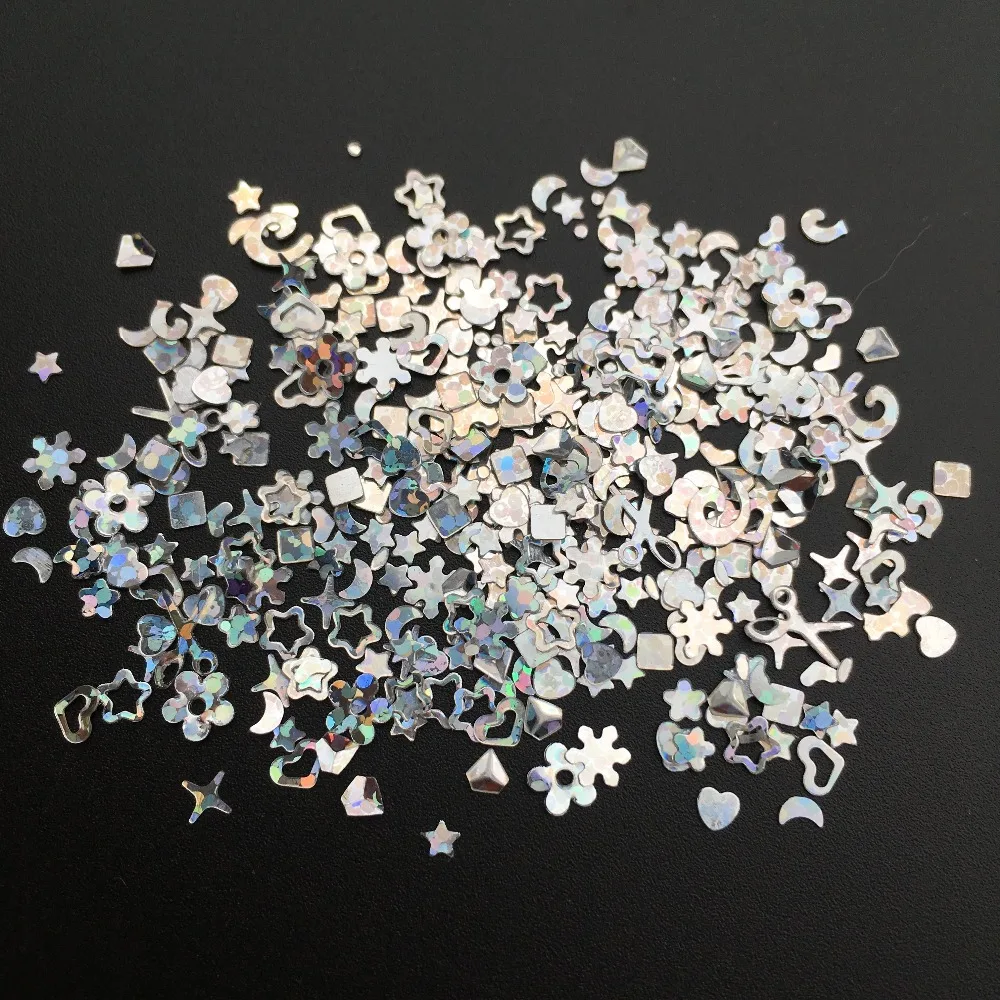 20g Laser Silver Mix Shape PVC loose Sequins Glitter Paillettes for Nail Art Manicure, Wedding Confetti,Accessories for Crafts