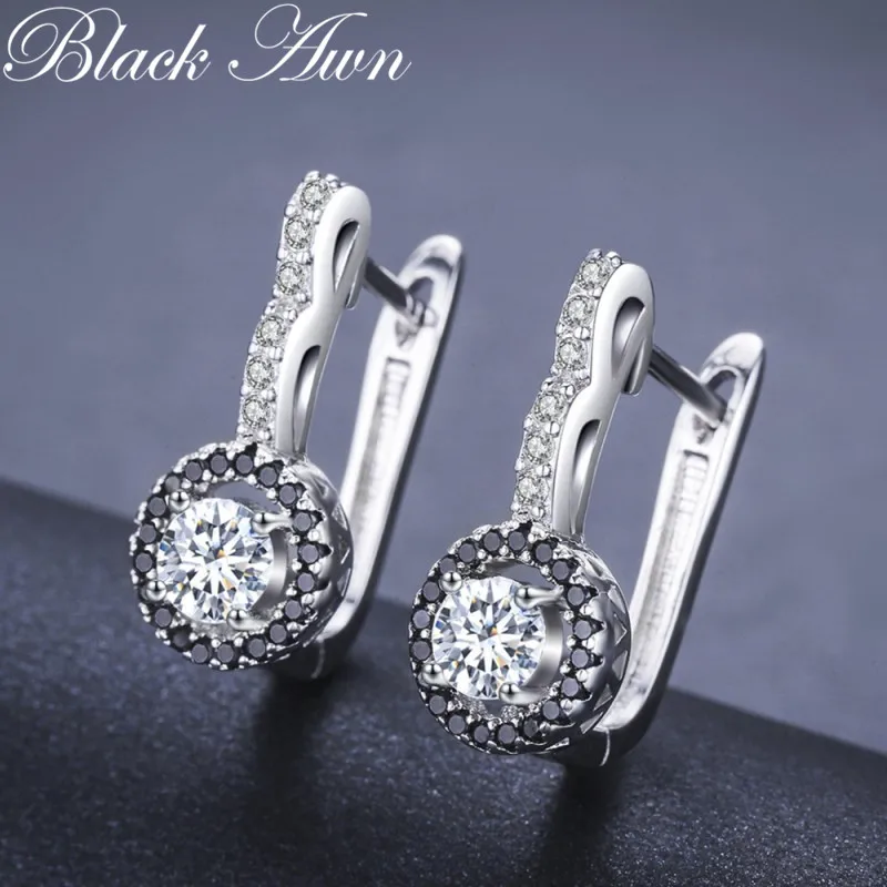 2026 New Vintage Silver Color Engagement Hoop Earrings for Women Black&White Stone Jewelry Bijoux T001