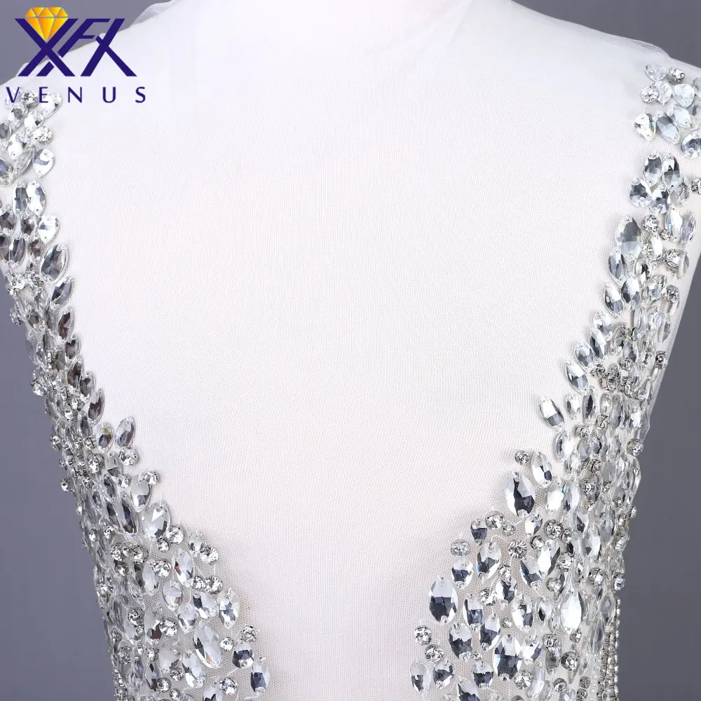 XFX VENUS 1 Set Handmade Crystal Wedding Long Patches Rhinestone Beaded Appliqued Patch Fabric Wedding Ball Gown Accessories