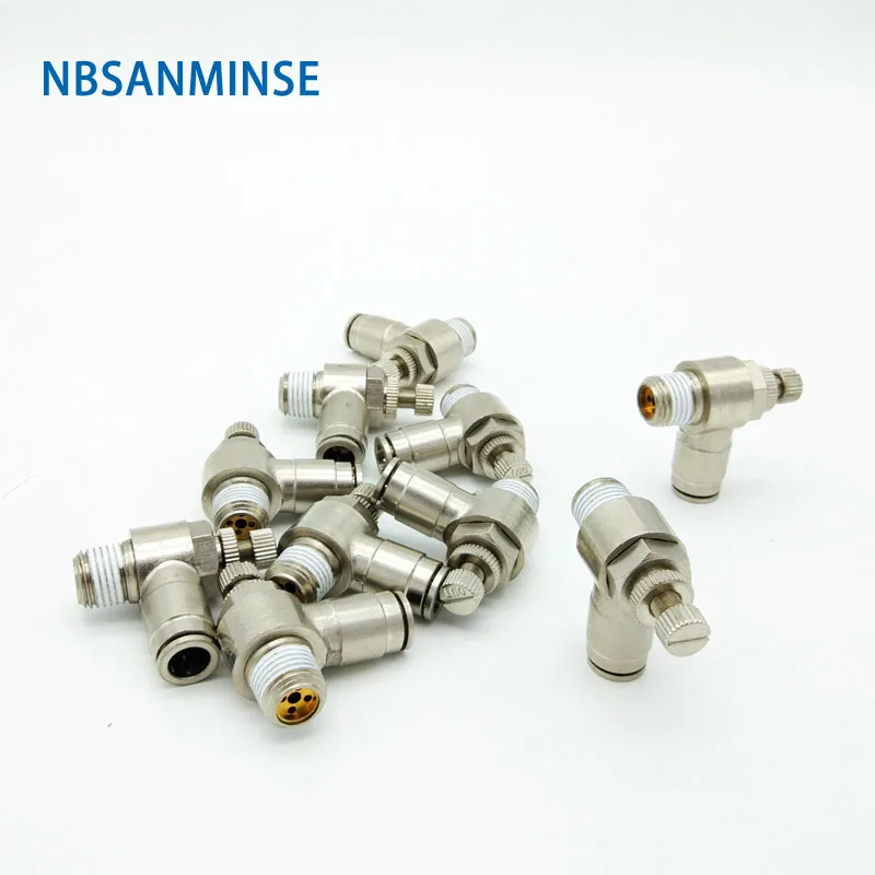 10Pcs/Lot SCT 1/8 1/4 3/8 1/2 All Brass Fitting Push In Speed Controller Pneumatic Air Flow Control Valves NBSANMINSE