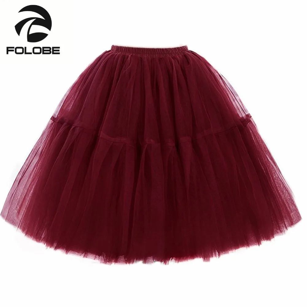 FOLOBE Wine Red Midi Long Tutu Tulle Skirts Womens Pleated Skirt Casual Lolita Petticoat faldas mujer saias Jupe