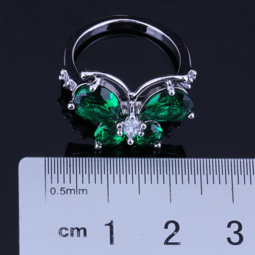 Elegant Butterfly Green Cubic Zirconia White CZ Silver Plated Ring V0460