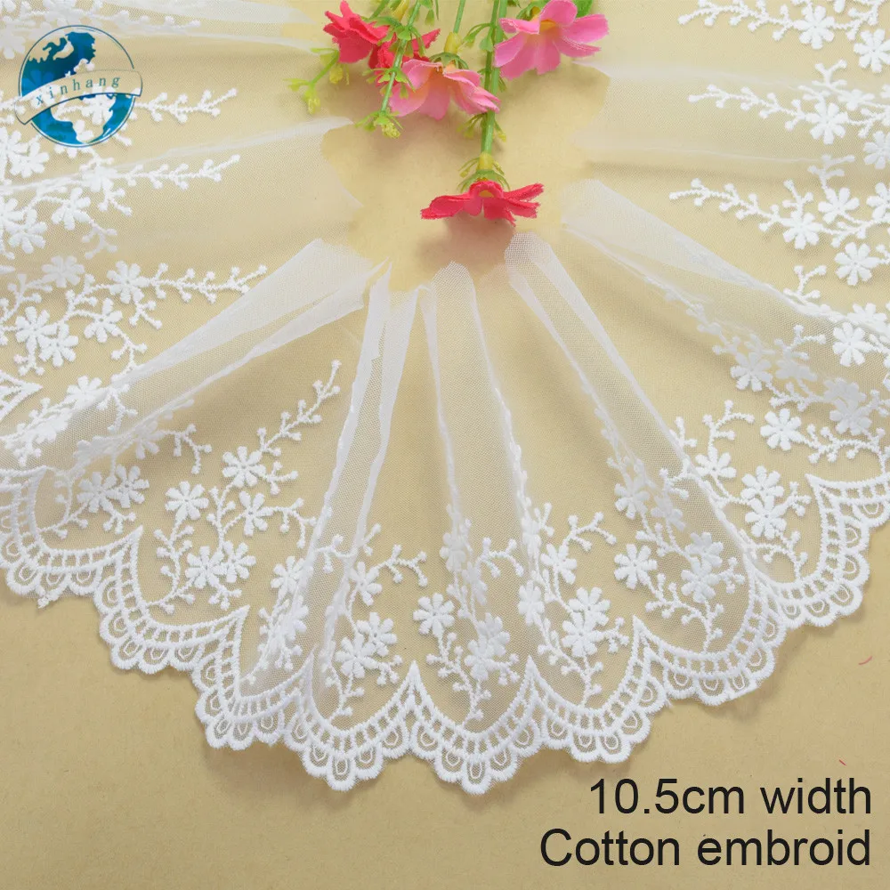 10.5cm Wide White Lace Cotton Embroid Lace Sewing Ribbon Fabric Guipure Diy Trims Warp Knitting DIY Garment Accessories#2632