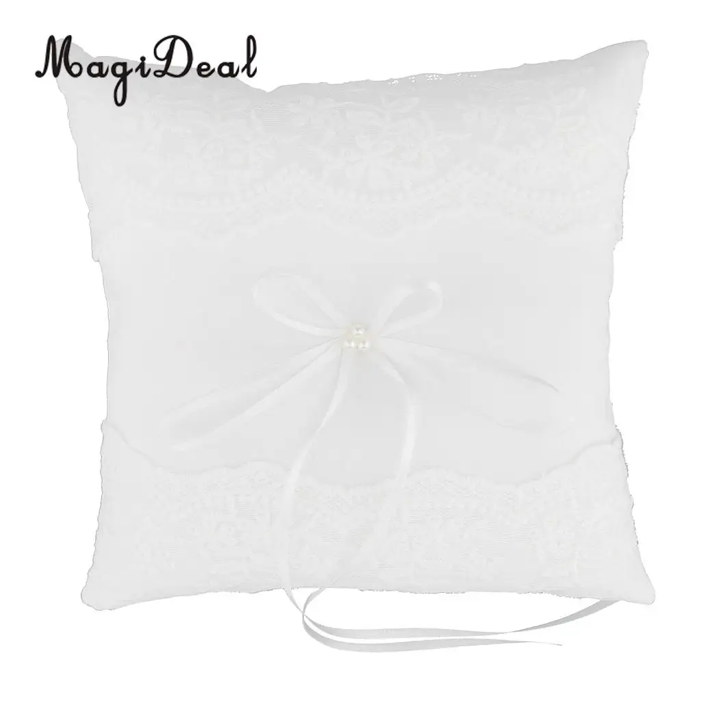 MagiDeal Delicate Wedding Ceremony Party Pearls Lace Ring Pillow Cushion Bearer for Engagement Marriage Proposal Decor White