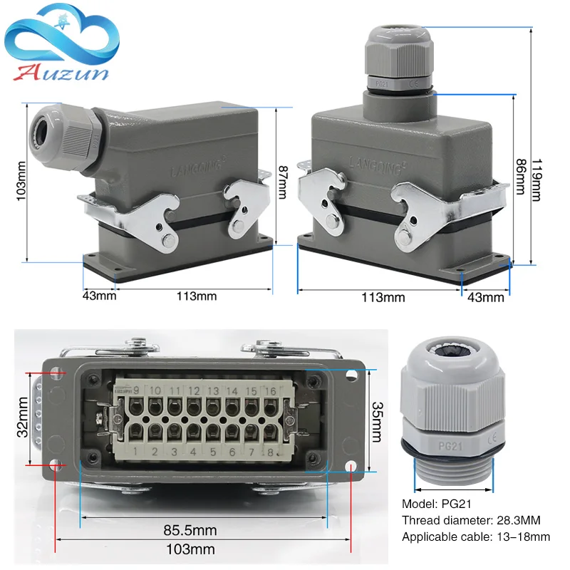 Rectangular H16B - HE - 016-1 heavy 16 pin connector line 16 a500v screw feet of aviation plug on the side