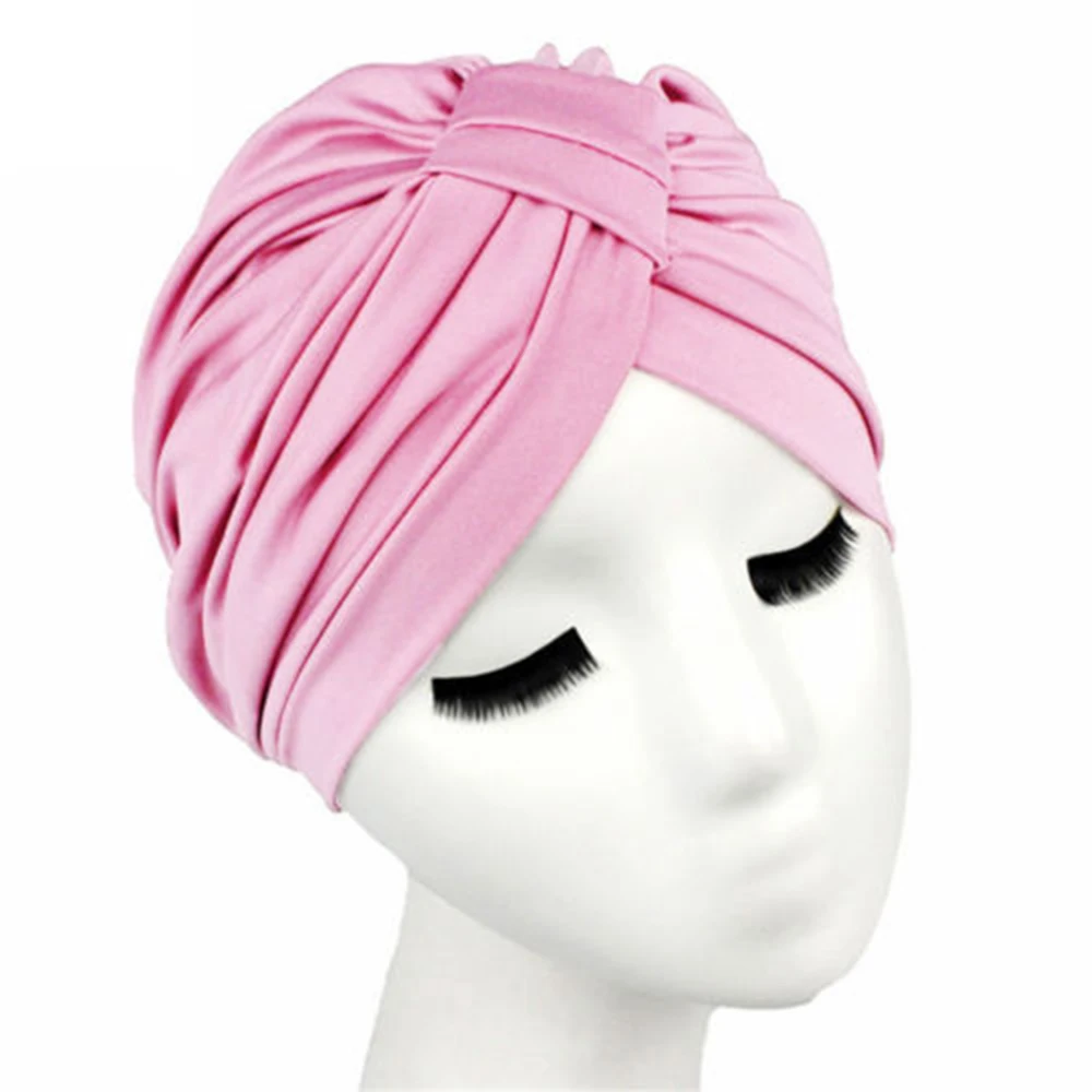 2018 Hot Sale 6 Color Solid Indian Turban Hats Women Ladies Head Wrap Chemo Pleated Hijabs Caps Cotton Muslim Hats Bonnet Beanie