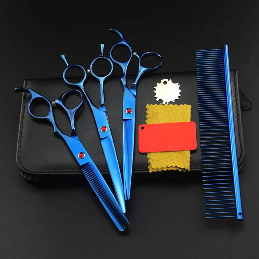 4 kit 7'' blue pet grooming hair cutting scissors dog sissors comb thinning barber haircutting shears case hairdressing scissors