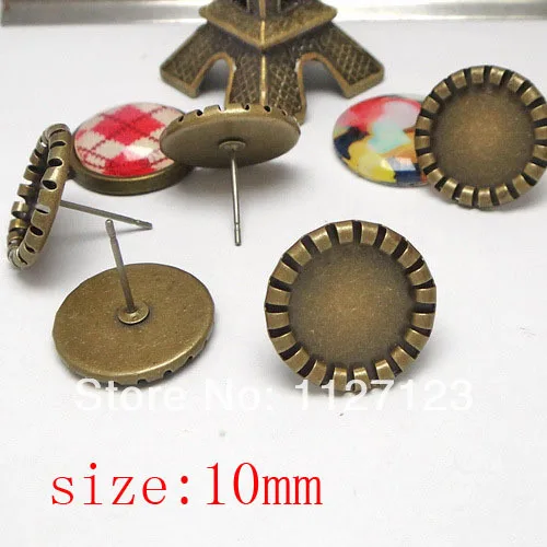 

Free ship! Antique bronze 200pcs with 10mm crimping Earring Post and Stopper Earring Base Cameo Setting