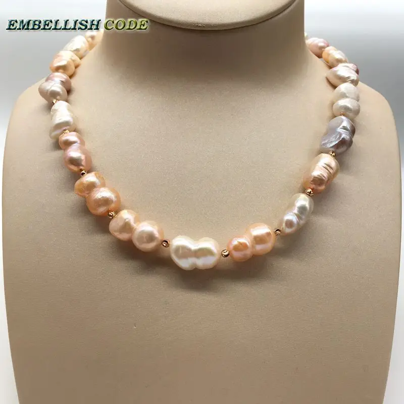 selling well Baroque keshi style Peanut shape real freshwater pearls statement necklace light to dark color with 3mm golden bead