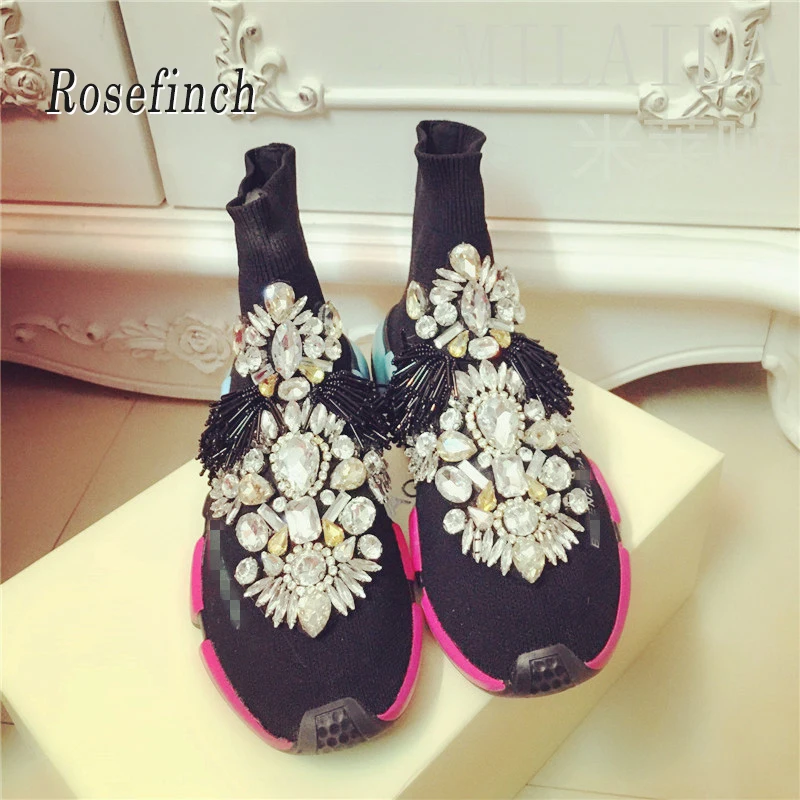 Rhinestone Women Sneakers Crystal Socks Sneakers Handmade Women Socks Sneaker Boots with Crystals Women Short Boots Shoes