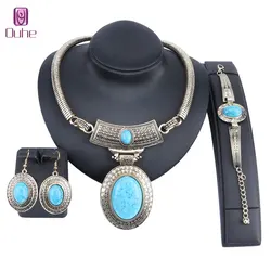 Vintage Retro Gold Color Turquoise Necklace Bracelet Earring Women Costume Party Gift Jewelry Sets