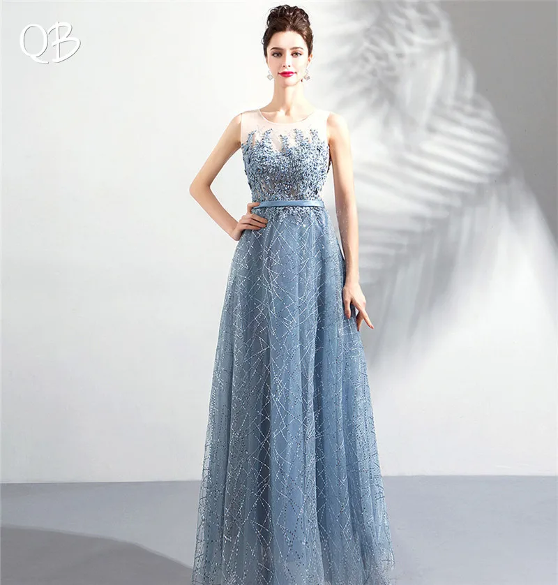 Blue A-line Sequins Tulle Lace Crystal Shiny Long Elegant Evening Dresses Bride Banquet Party Prom Dress XK72