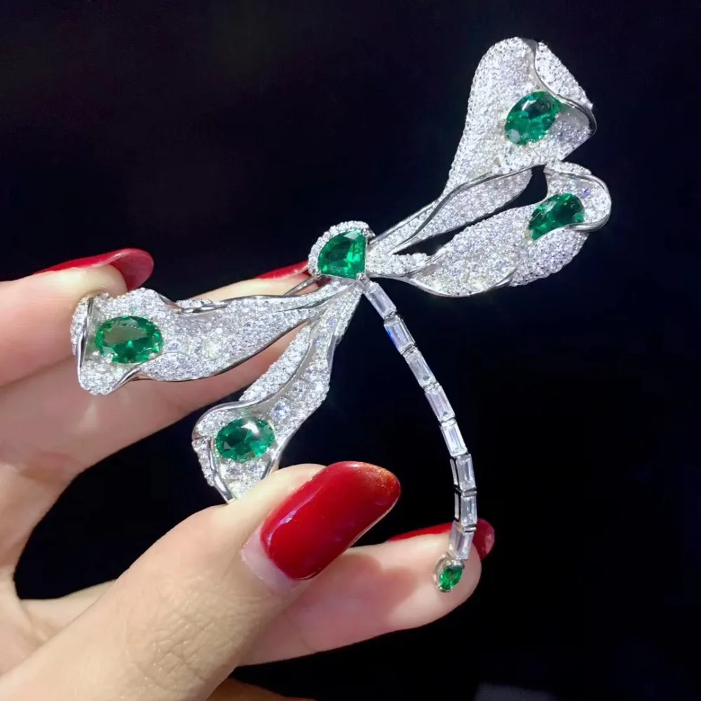 green color 925 sterling silver with cubic zircon dragonfly brooch pins fine women jewelry free shipping