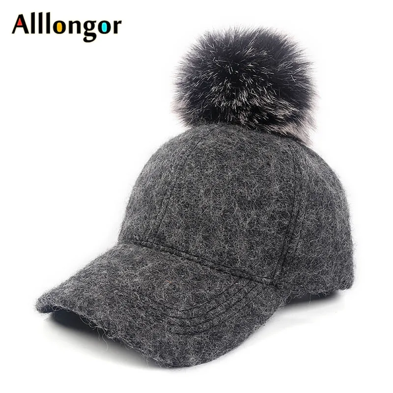 New Autumn 2024 Winter Baseball Cap Women Pure Wool Fur Pompom Pom Black Hat snapback hip hop casquette femme gorra mujer