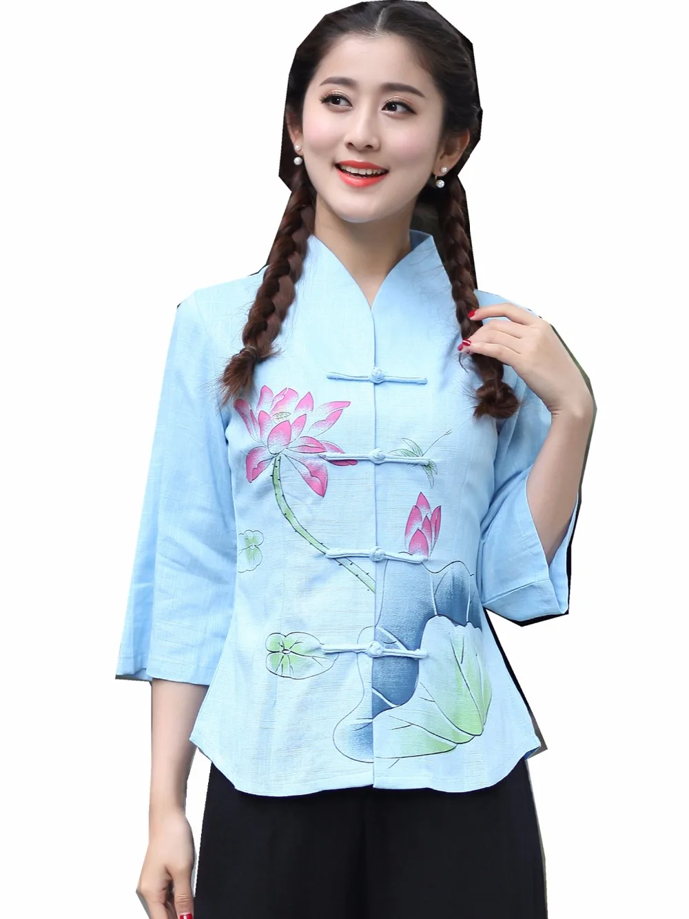 Shanghai Story Chinese Traditional Top Flower Printed Cheongsam Tops Bracelet Sleeve Shirt for Women Chinese Blouse 3 Color