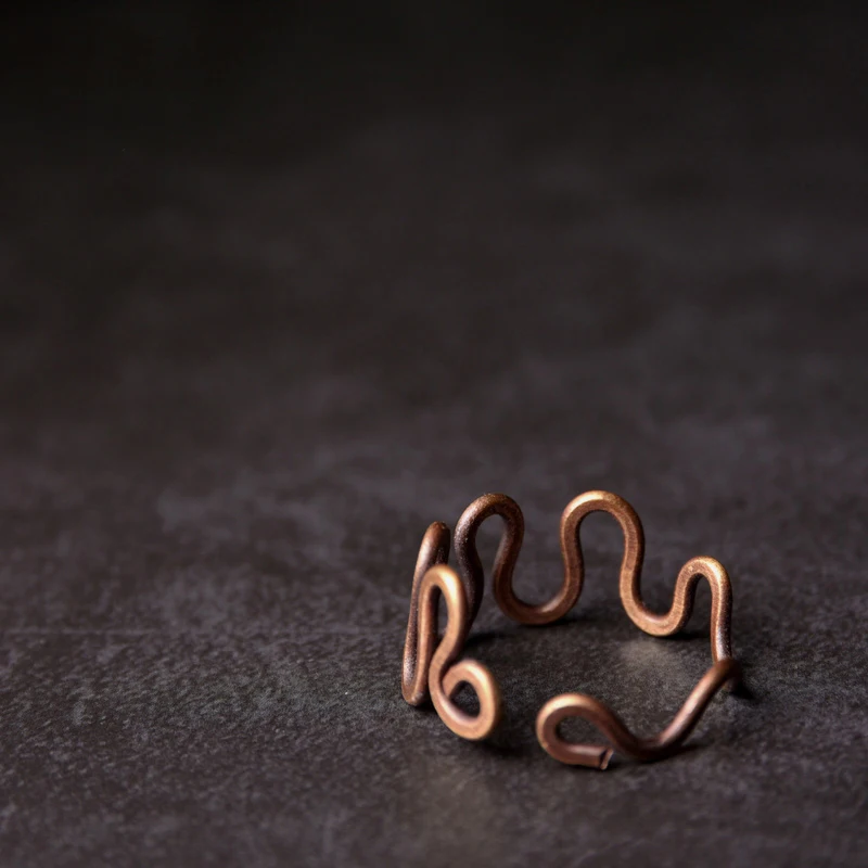 Handcrafted Curve Vintage Process Solid Copper Ring THE FREEDOM Size Adjustable Wave Retro Punk Unisex Street Male Female