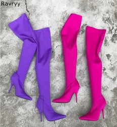 Purple Elastic Long Boots Woman over-the-knee Boots Thin Heel Booties 2019 Hot Fashion Autumn Winter Female Dress Shoes