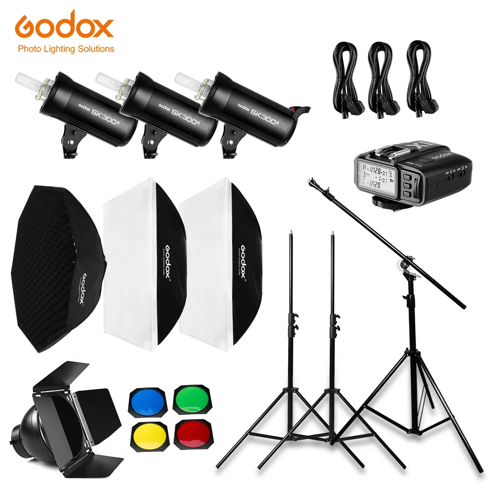 Godox 900W 3x SK300II 300Ws Flash Light Kit with Godox X1 Trigger & 2x 60X90cm Softbox & 2x 280cm Light Stand with Boom Arm