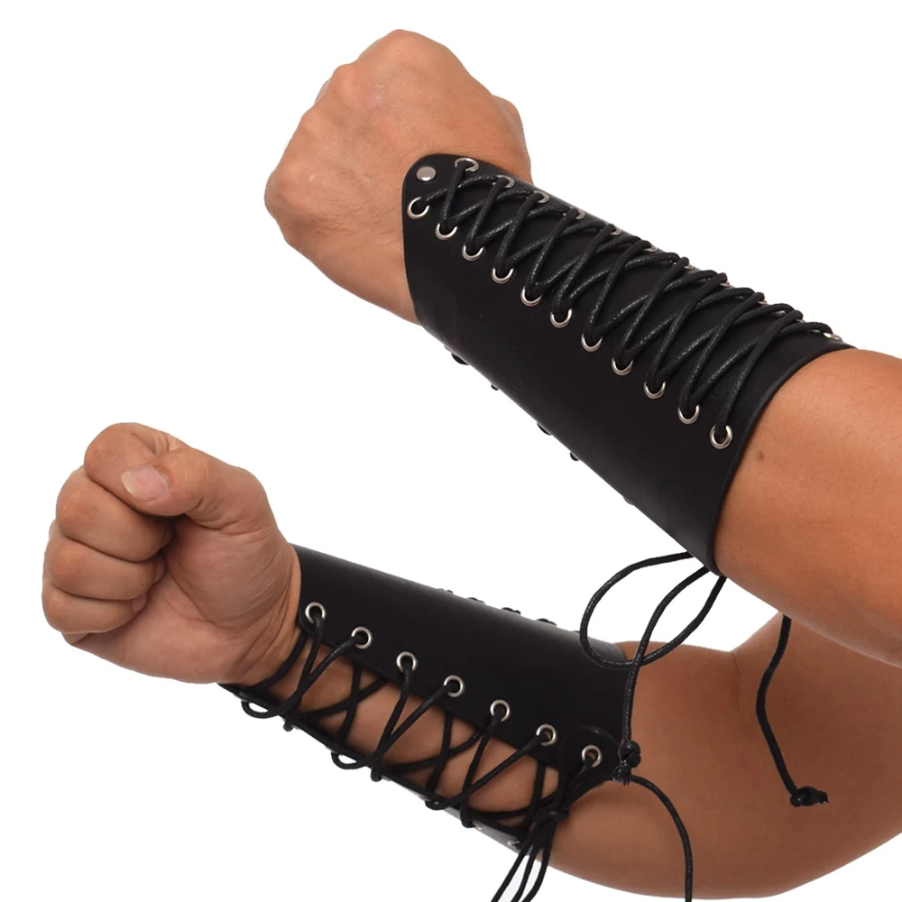 Medieval Wide Bracer Men Nordic Leather Lace Up String Arm Armor Cuffs Cosplay Props Steampunk Costume Gauntlet Wristband