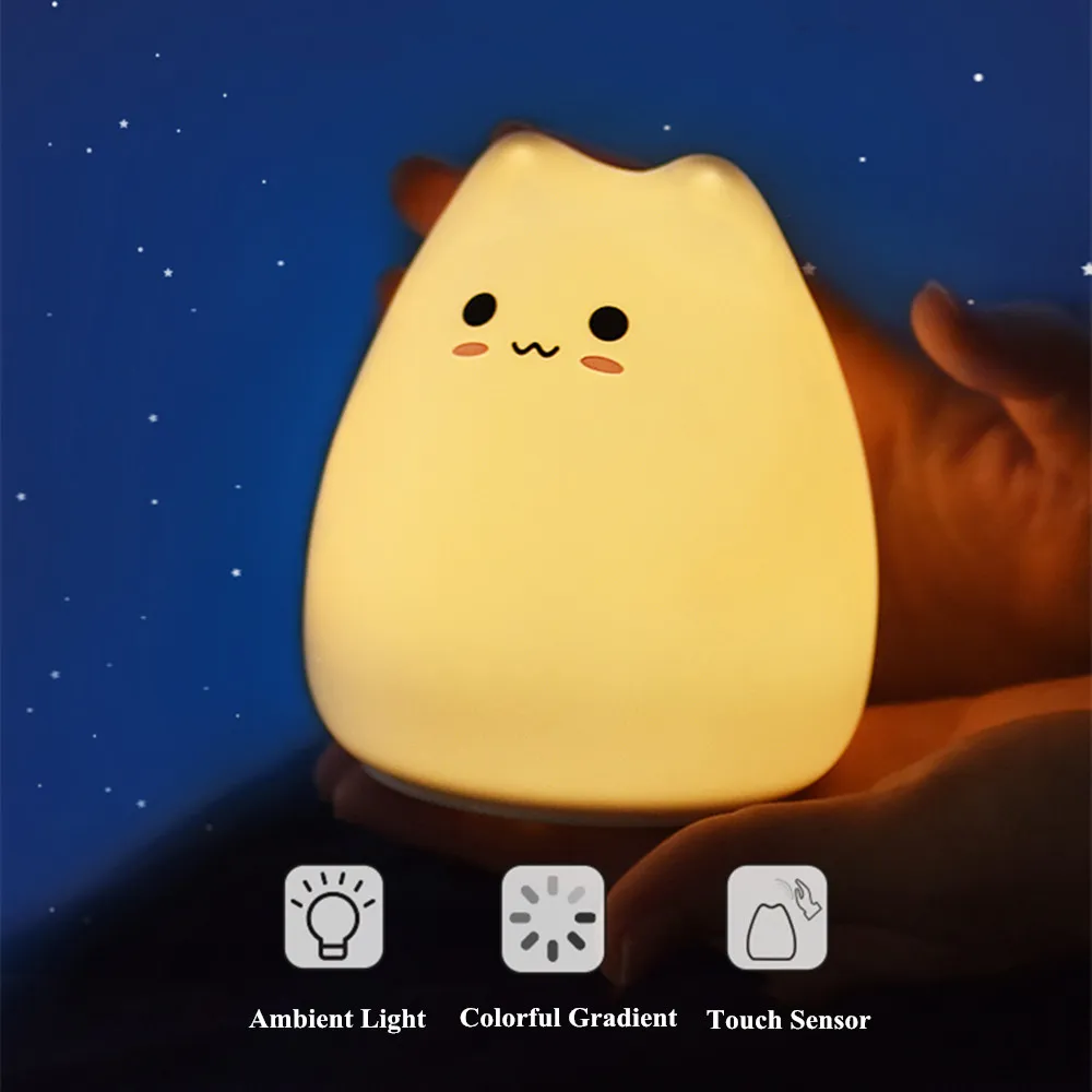 Cute Cat Night Light Touch Sensor Colorful Battery Powered Bedroom Cartoon Silicone LED Night Lamp for Children Kids Baby Gift