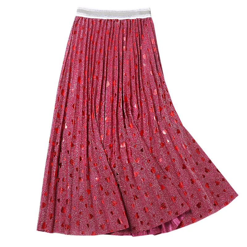 

2024 Spring New Arrival Bright Silky Pleated Skirt High Waist Faldas Largas Elegantes Heart Print Ladies Skirts Free Shipping