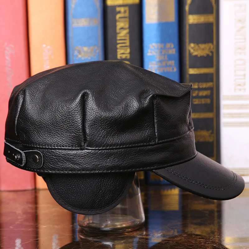 Men\'s Leather Hat Adult Autumn Winter Leather Cap Students Octagonal Cap Genuine Leather Flat Hat Male Peak Baseball Cap B-7288