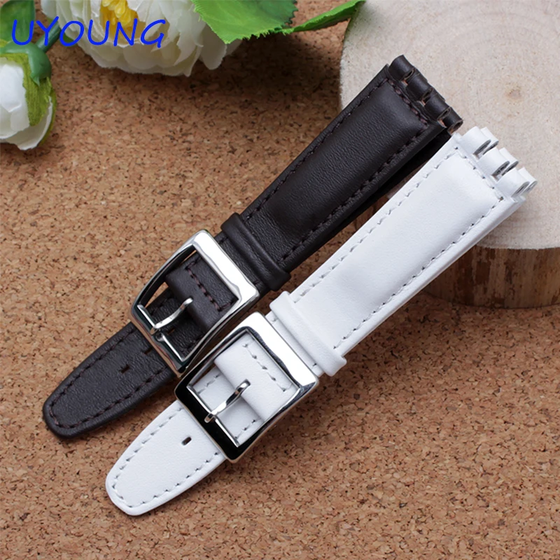 High Quality 17mm 19mm Waterproof Genuine Leather Watch Strap Band Black Brown White With Clasp for swatch wathcband